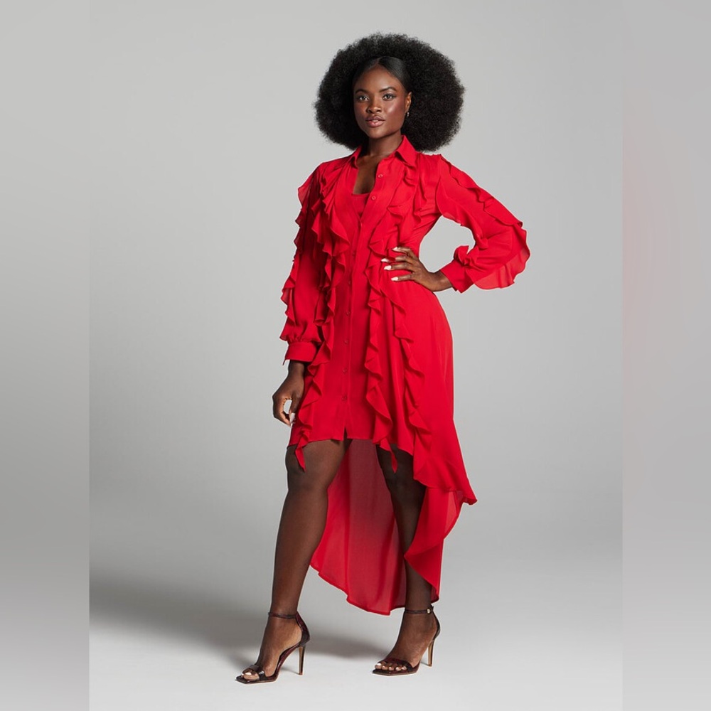 Gabrielle Union / New York & Co Myah Ruffle Front Shirt Dress in Campfire Red